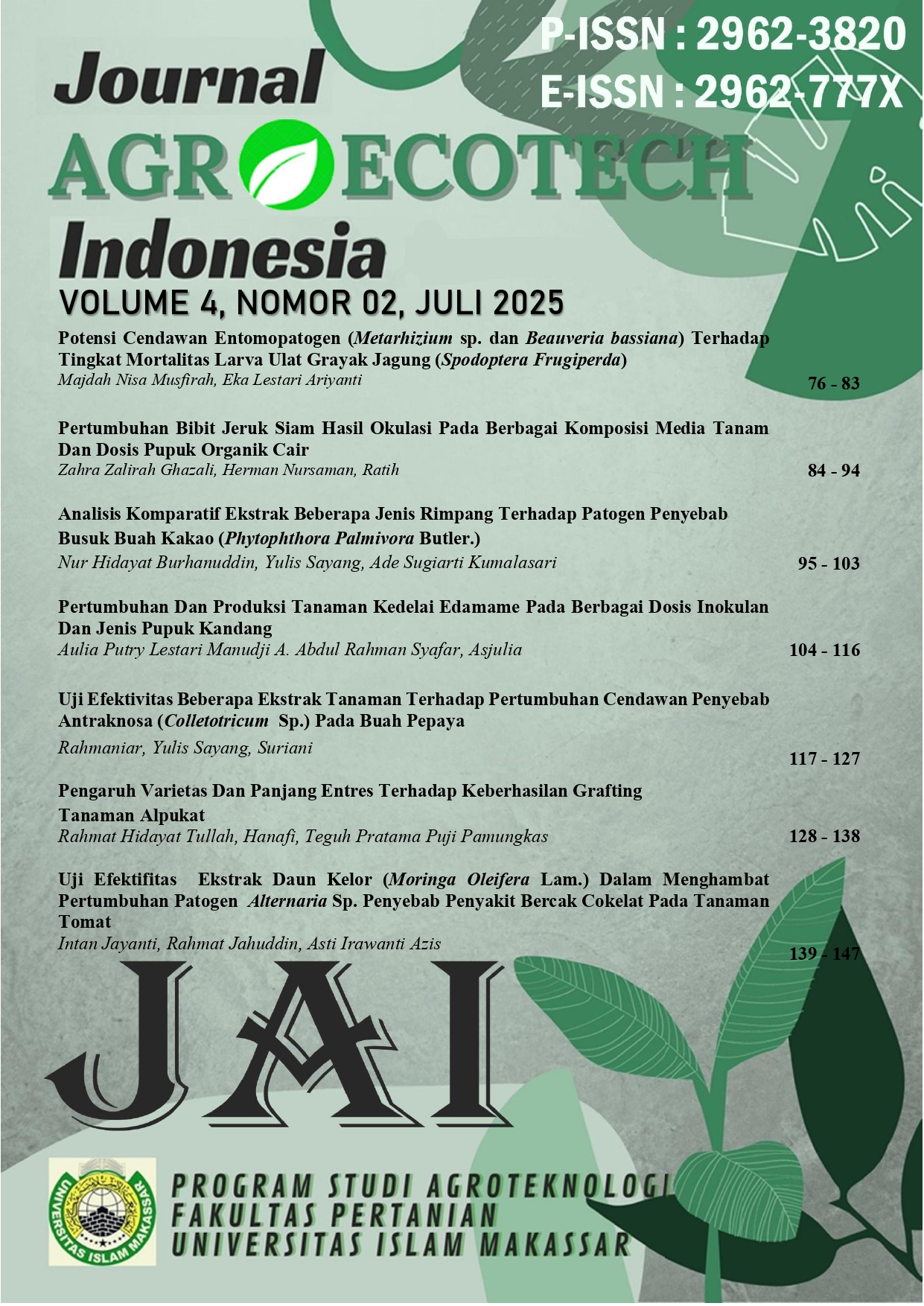 Journal Agroecotech Indonesia (JAI) (online issn :  2962-777X | print issn : 2962-3820) diterbitkan oleh Program Studi Agroteknologi Fakultas Pertanian Universitas Islam Makassar. Jurnal merupakan jurnal ilmiah yang memuat publikasi artikel/ karya ilmiah dan ulasan ilmiah (review) meliputi agronomi, ilmu tanah, ekologi tanaman, teknologi benih, pemuliaan tanaman, pascapanen, dan hama dan penyakit dan pengendaliannya. Naskah yang dimuat dapat berupa hasil penelitian, telaah/tinjauan literatur, penelitian singkat (short communication) dan gagasan penting dalam bidang pertanian.